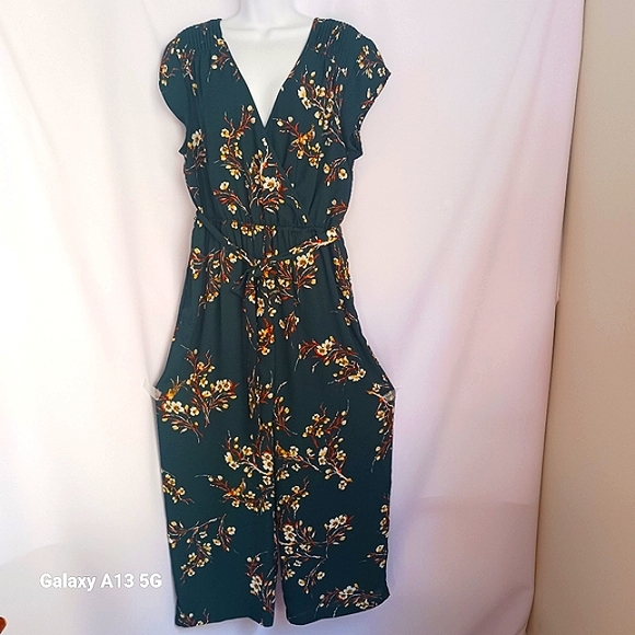 DR2 Women's Emerald Green w/ Floral Pattern Jumpsuit Sz L - Picture 8 of 11